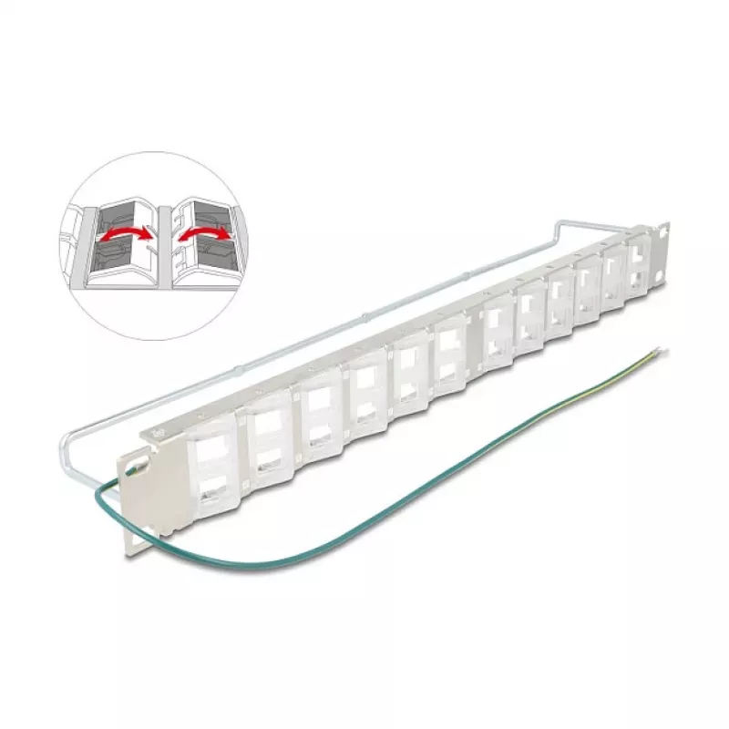 Patch panel 19 inch DELOCK 24-port keystone, tiltable ports, strain relief, 1U metallic