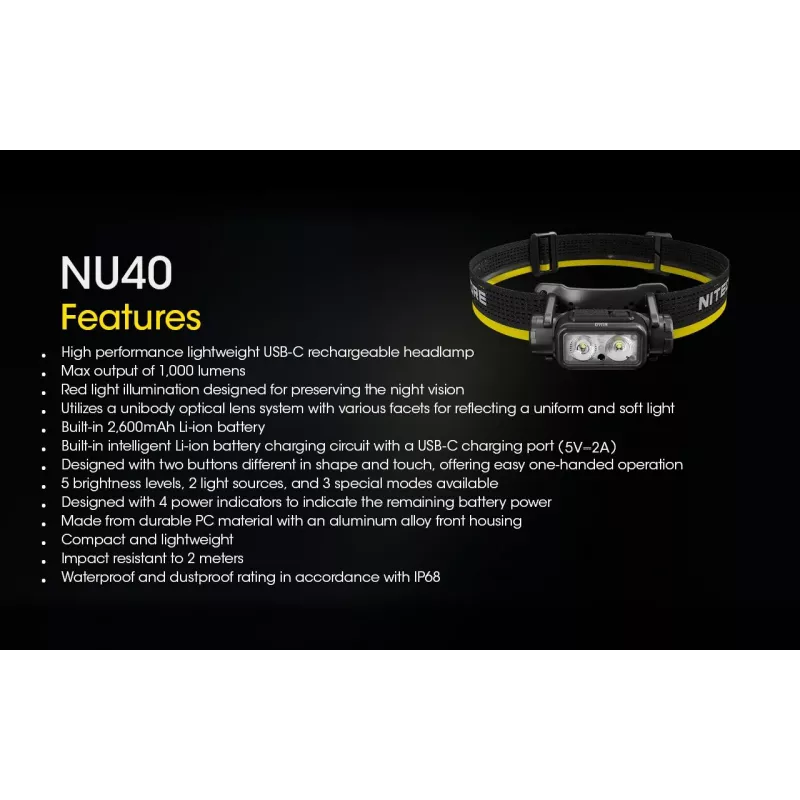 Headband flashlight Nitecore NU40 Black LED 2 lamps IP68