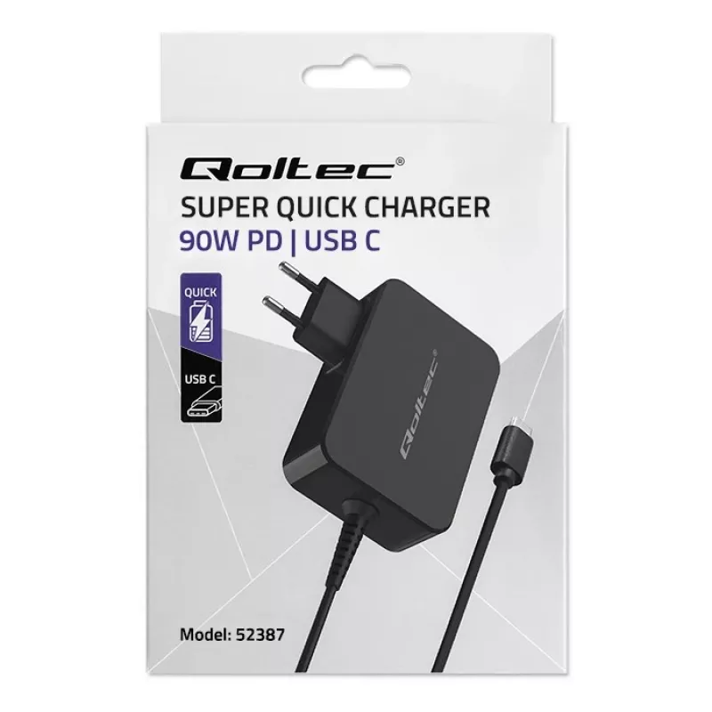 GaN Power Adapter QOLTEC 52387 90W 1x USB‑C 5–20V
