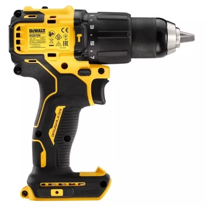 Cordless drill DeWALT DCD709N-XJ, brushless 18V, 2-speed, 1650 RPM, 65 N·m, keyless chuck 1.5–13 mm, 1.2 kg