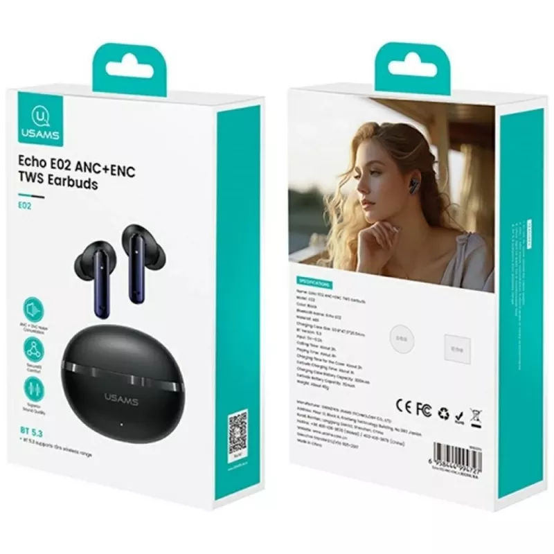 Bluetooth headphones Usams TWS E02 ANC+ENC black