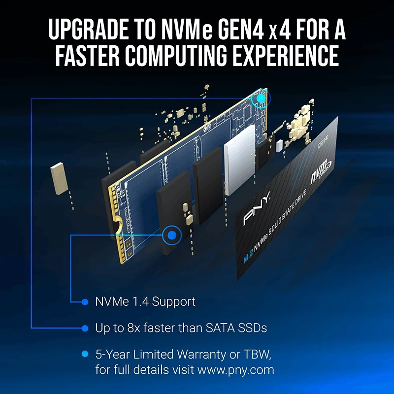 SSD PNY CS2241 M.2 NVMe PCIe 4.0 1TB — Read 5100 MB/s, Write 3200 MB/s