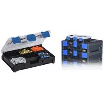 Storage box allit EuroPlus MetaBox mini 63 — polypropylene, black/blue, with removable dividers