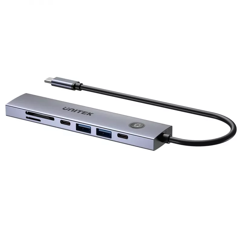 USB-C hub Unitek H1124AGY01 with 100W PD, HDMI 2.0, 2x USB‑A, 2x USB‑C, SD/microSD reader — aluminium