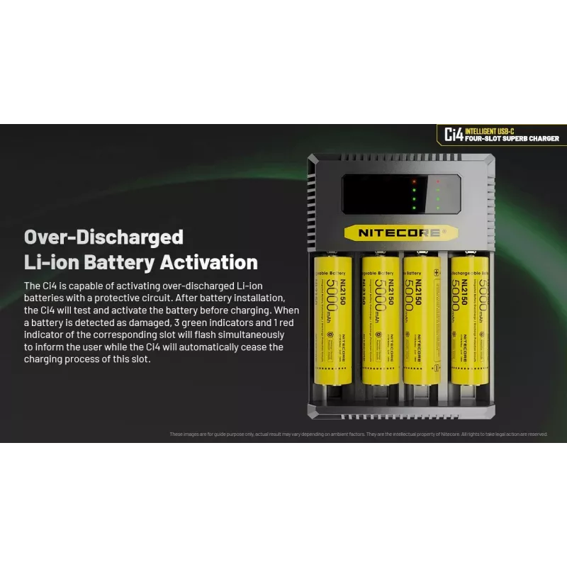 Battery charger Nitecore Ci4 — universal USB charger for Lithium‑Ion / NiCd / NiMH, 5/9/12V input, 3A, plastic, 0.1914 kg