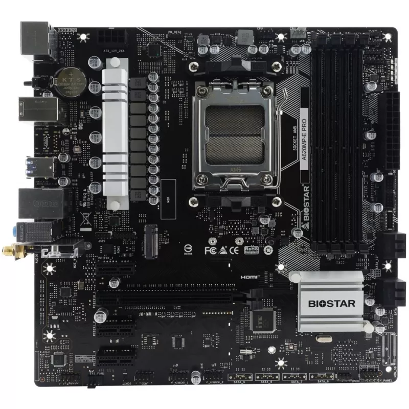 Motherboard BIOSTAR A620MP-E PRO — AMD A620 microATX, Socket AM5, DDR5, 4 DIMM, max 128 GB, 2.5Gb LAN