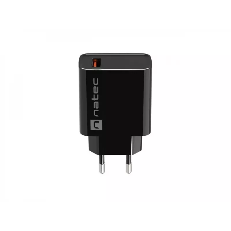 NATEC AC fast charging indoor wired charger Ribera — 18W (5–15V, up to 3A), 1× USB-A, Huawei FCP/SCP, black