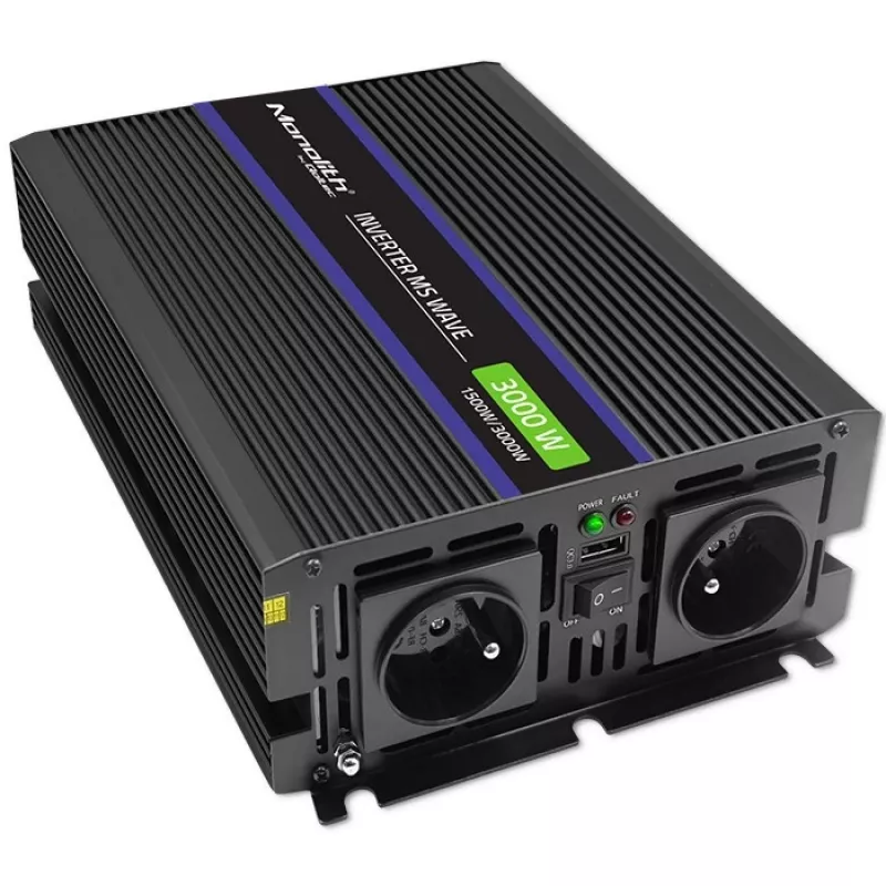 Power inverter QOLTEC Monolith 3000 MS Wave, 12V→230V, 1500/3000W, with USB