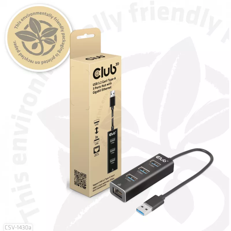 USB Hub CLUB3D USB 3.2 Gen1 Type-A 3 Ports with Gigabit Ethernet