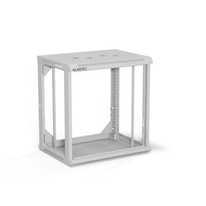 Wall-mount 19 inch cabinet Alantec 12U 600x450 mm, single glass door, removable full rear and side panels, lockable, 4 mounting rails, gray, flat pack