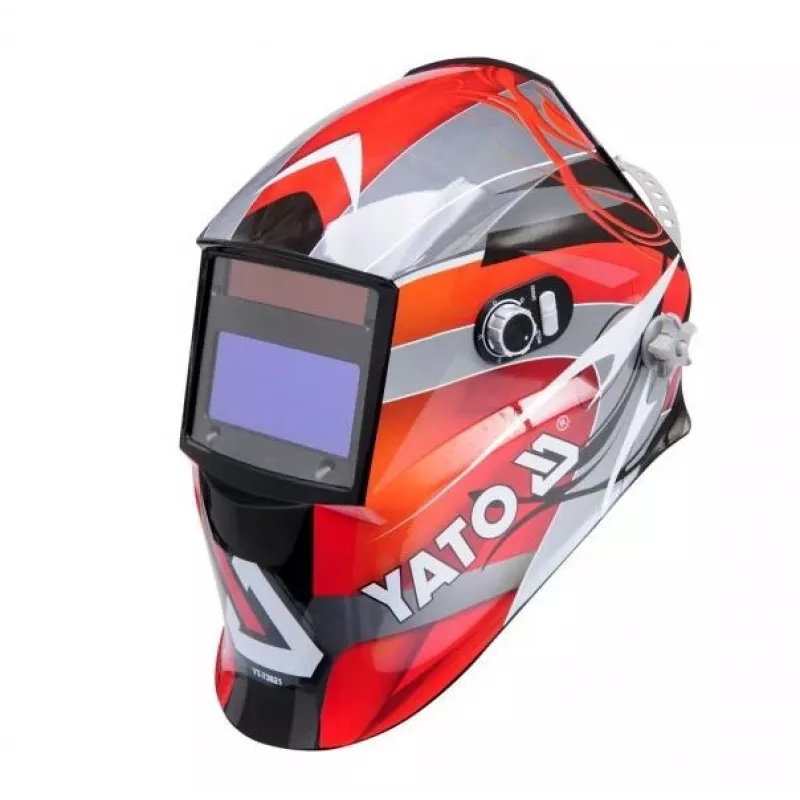 Welding helmet YATO YT-73921 with auto‑darkening filter, shade 9–13, PC housing, viewing area 4.3×9.8 cm, battery 3V