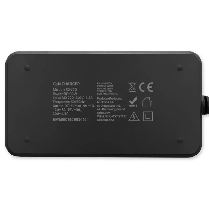 Qoltec 90W GaN Super Fast SLIM Wall Charger | XP | 5-20V | 4.5A | USB-C 3.1 | Laptop | MacBook | Smartphone | + cable