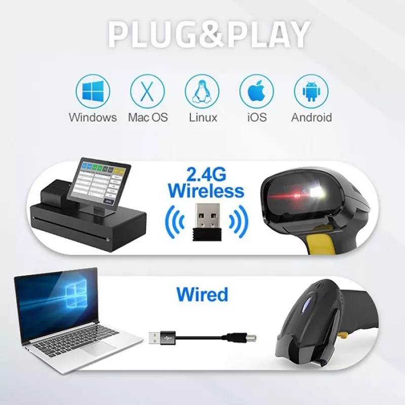 Wireless barcode scanner QOLTEC 50856 — 1D & 2D cordless handheld, USB interface, ABS housing, 170×62×100 mm, 203 g