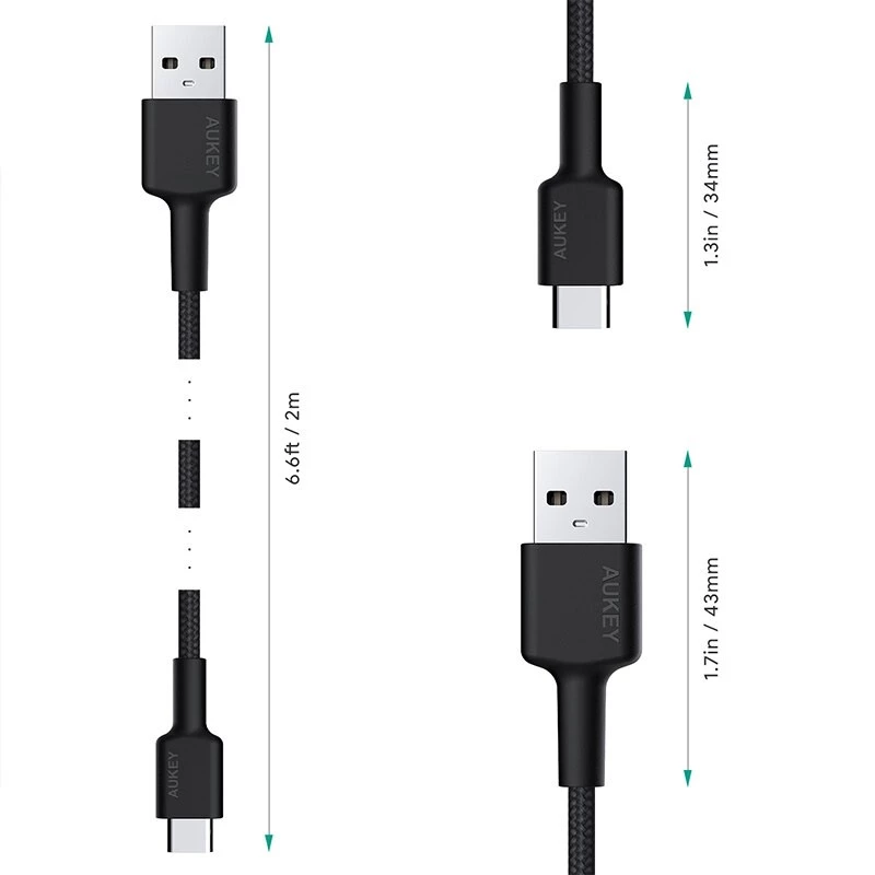 USB-C to USB-A cable Aukey CB-CA2, nylon braided, Quick Charge 3A, 1 m