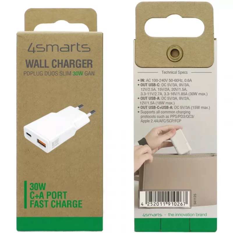 Charger 4smarts PDPlug Duos Slim Smartphone Tablet White AC Fast charging