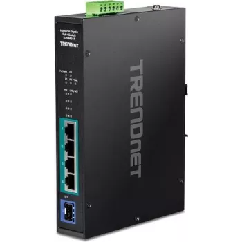 TRENDnet TI-PGM541 - Switch - -20 °C - 65 °C (-4 °F - 149 °F) - 4 x 10/100/1000 (PoE+) + 1 x Gigabit SFP - DIN rail mountable, wall-mountable - PoE+ (120 W) - DC