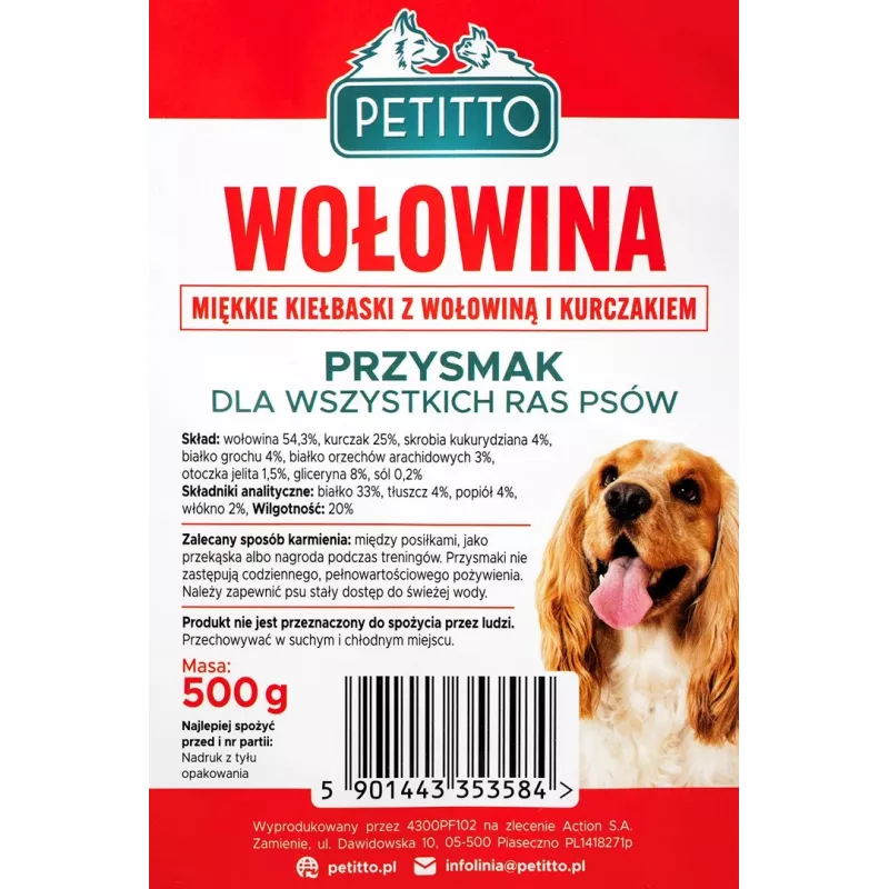 Dog treats PETITTO Soft beef sausages 500 g — soft training snacks, 33% protein, 4% fat, gluten- and sugar-free