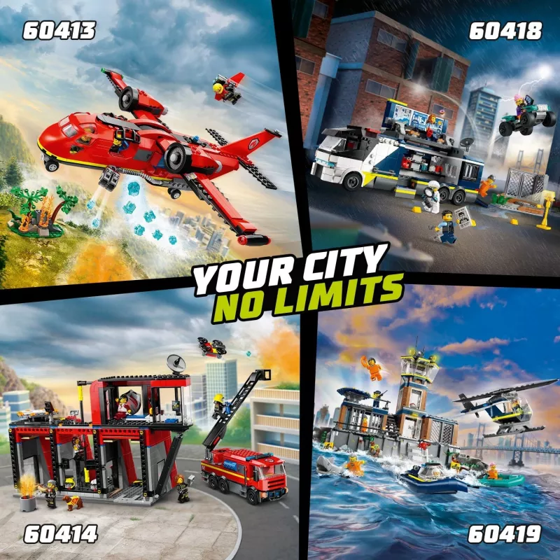 Construction Toy LEGO City Fire Station with Turntable Ladder Vehicle 60414 — 843 pieces, 5 minifigures, 220×320×140 mm