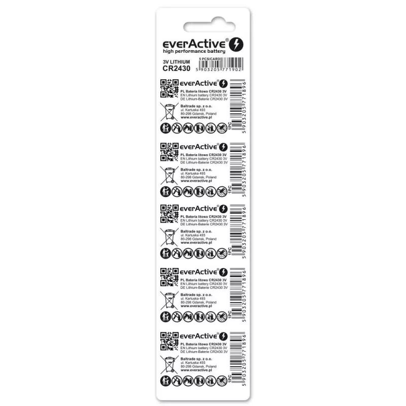 Button cell battery everActive CR2430 Lithium 3 V, 24.5 mm × 3 mm, pack of 5