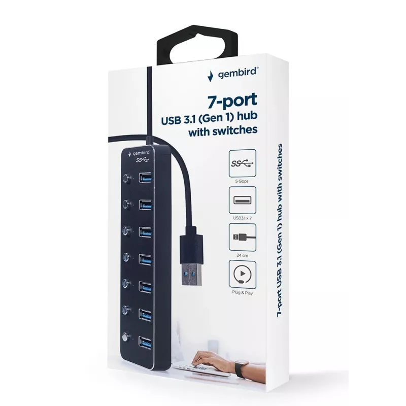 USB hub Gembird UHB-U3P7P-01, 7-port USB 3.2 Gen 1 (Type-A), 0.24 m cable, black