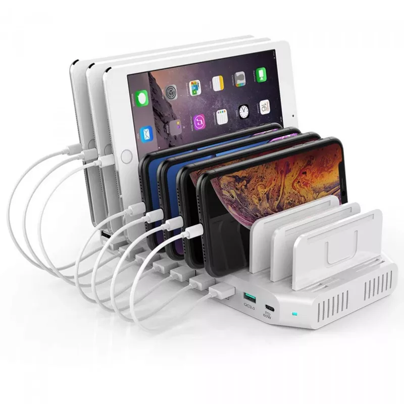 Charging station Unitek Y-2190A — 10× USB ports (8×USB2.0 + 2×USB3.2 Gen1), wireless charging, 96W total