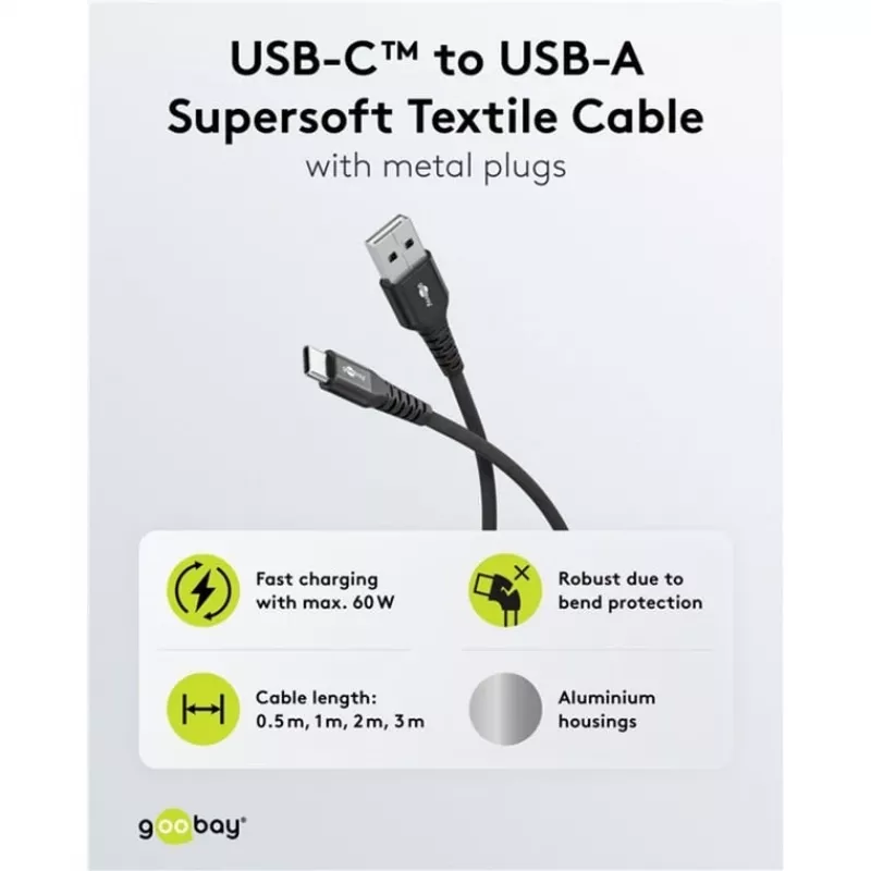 Goobay USB Cable-C Fabric Supersoft with Metal Connectors, 2 M, Black (2m, USB 2.0, 60W), USB Cable