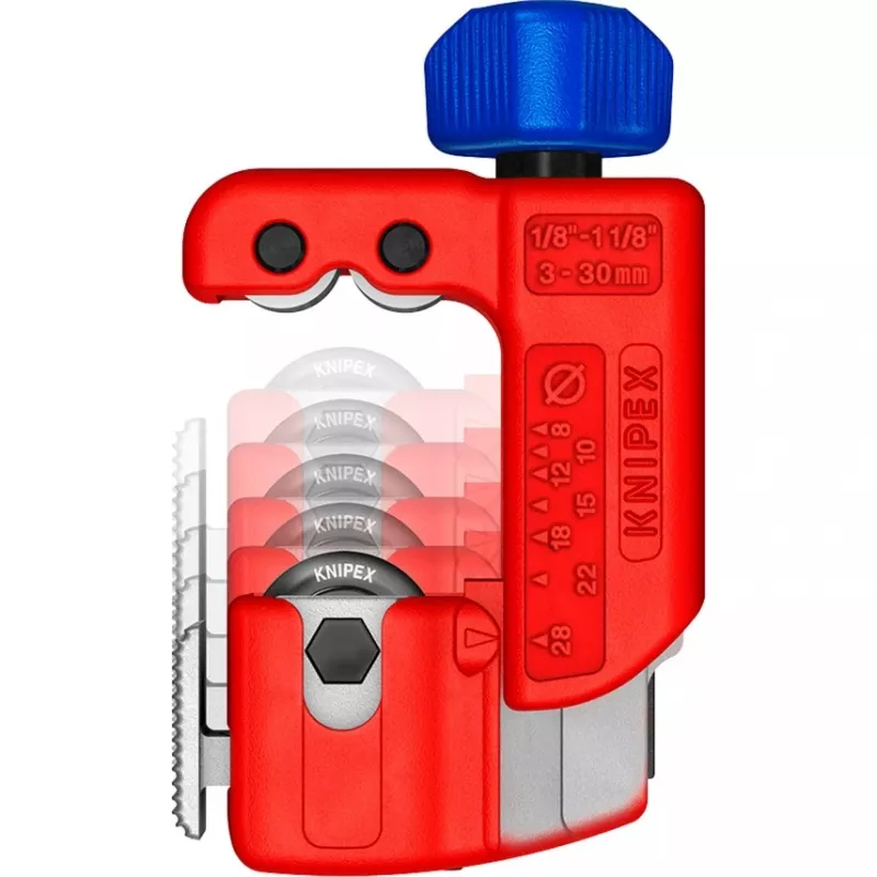 Pipe cutter Knipex TubiX S 3–30 mm, compact cutting tool for metal and plastic pipes
