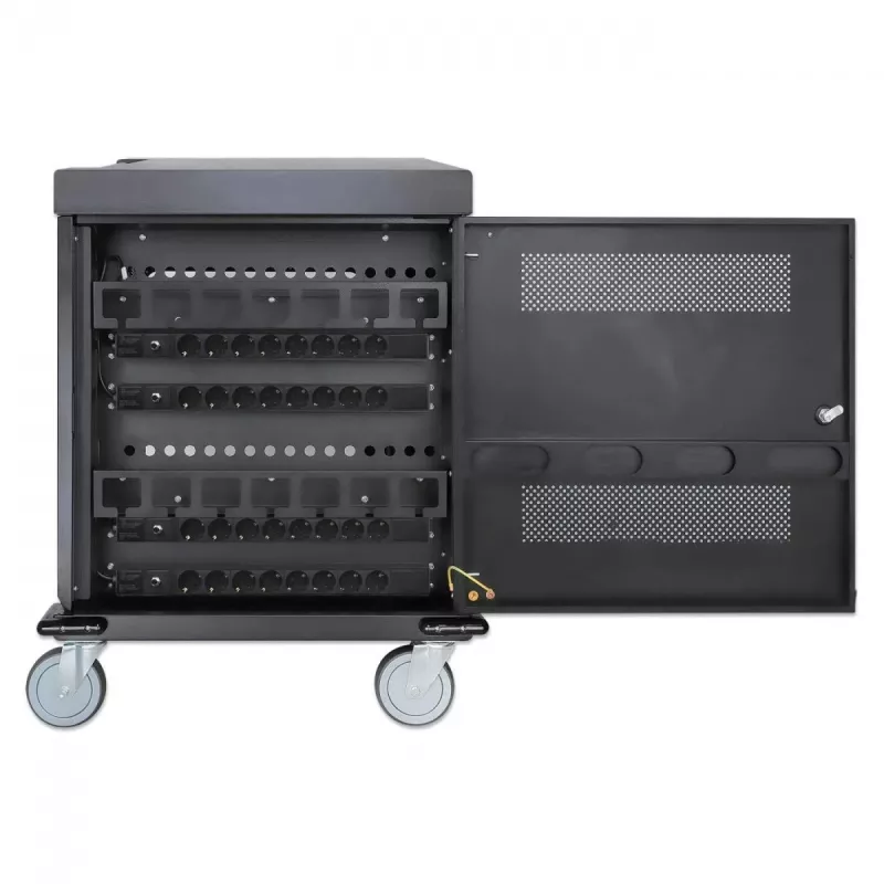 Manhattan Laptop Charging Cart/Trolley via AC Adapter (EU) 32-bay, Install device's AC Adapter (power cables) into unit, Suitable for ALL laptops (to 15.6 inch), iPads, MacBooks, Chromebooks, other USB-C devices, Bays 380x30x280mm, Cabinet, Lockable