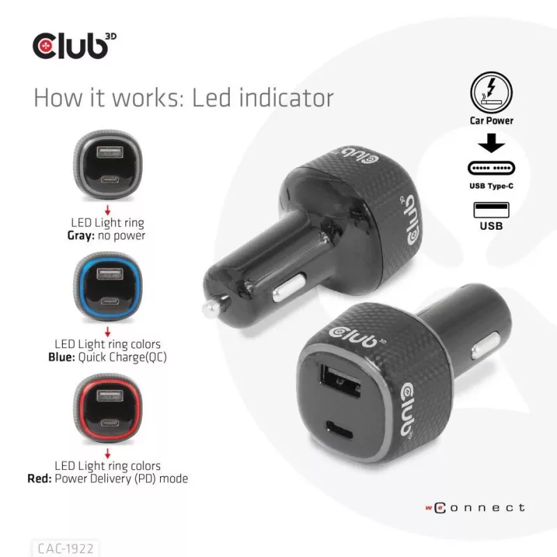CLUB3D Notebook / Laptop Power Car Charger 63 Watt, Auto, Cigar lighter, 24 V, Black