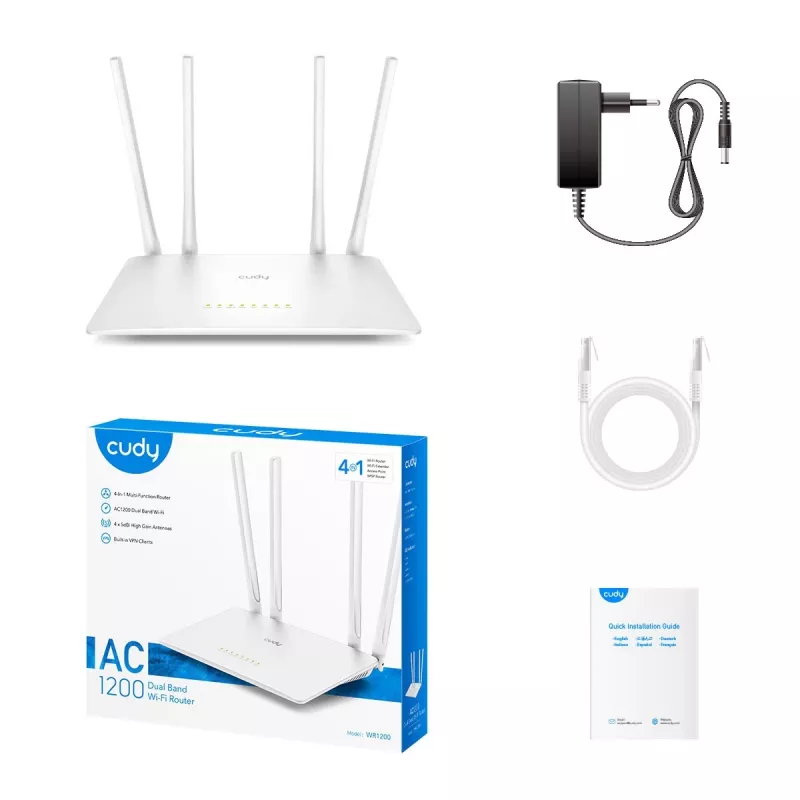 Tabletop router Cudy WR1200 Dual‑band Wi‑Fi 5 (802.11ac) 867 Mbit/s, 4x RJ‑45 LAN, White