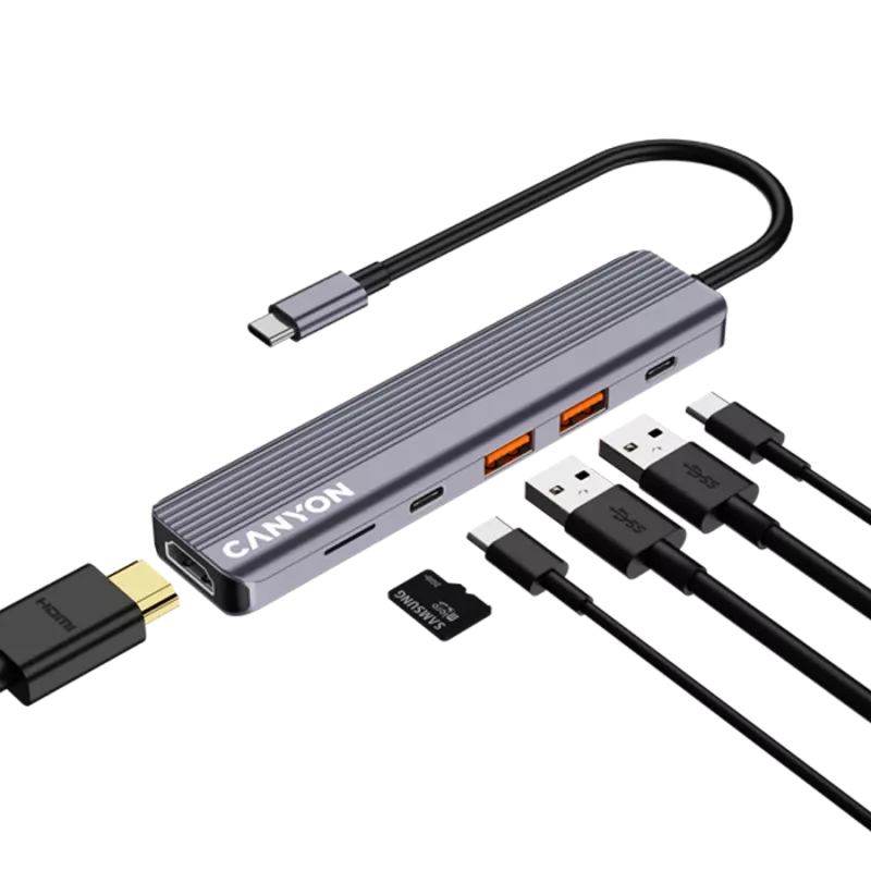 USB Type-C hub CANYON DS-17 — HDMI, USB 3.2 Gen 1 A, USB-C, MicroSD, 10000 Mbit/s, grey