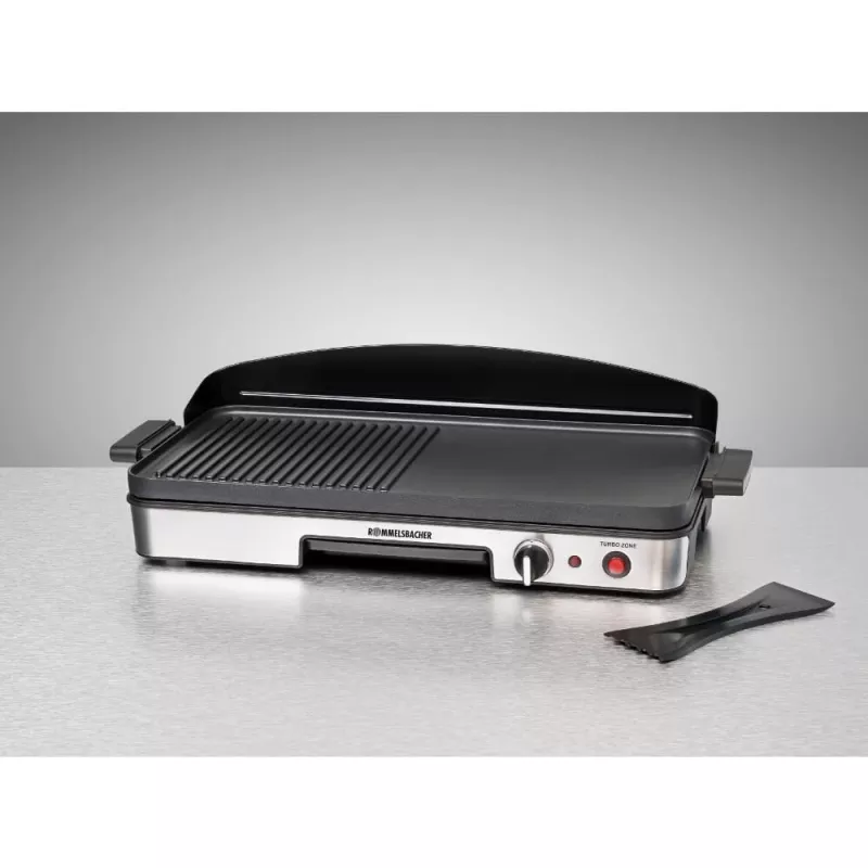 Electric Table Grill Rommelsbacher BBQ 2003 — 1900 W, 50×25 cm, ribbed + Teppanyaki, adjustable thermostat, silver/black
