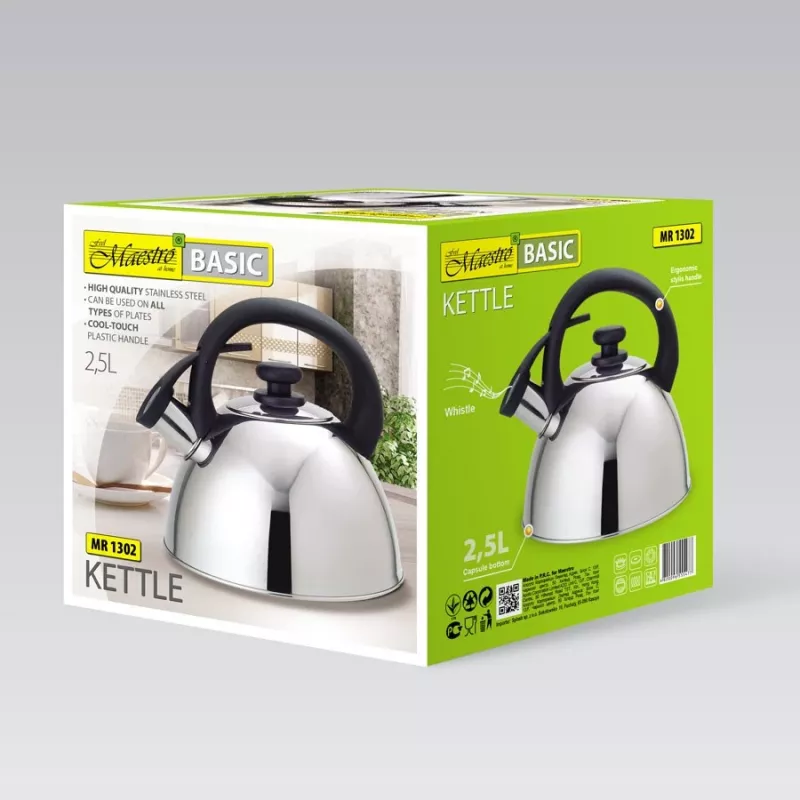 Kettle Maestro MR1302 stainless steel 2.5 L, induction-ready, hinged whistle, black handle