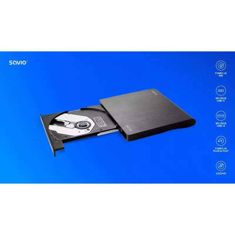 SAVIO AK-59 External slim CD/DVD Recorder R/RW - USB-C/USB-A, black