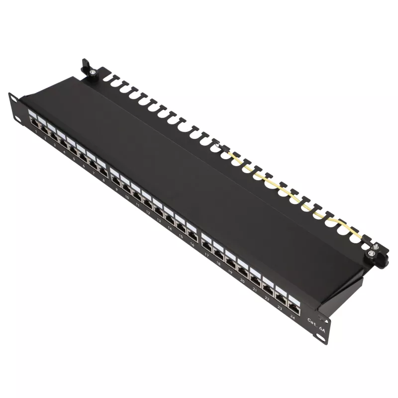 Extralink CAT6A STP 24-Port Shielded Patch Panel, 1U 19-Inch Rackmount, 10G Ready, Black