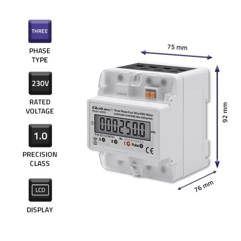 Three-phase electronic energy meter QOLTEC 50900 400V LCD 4P
