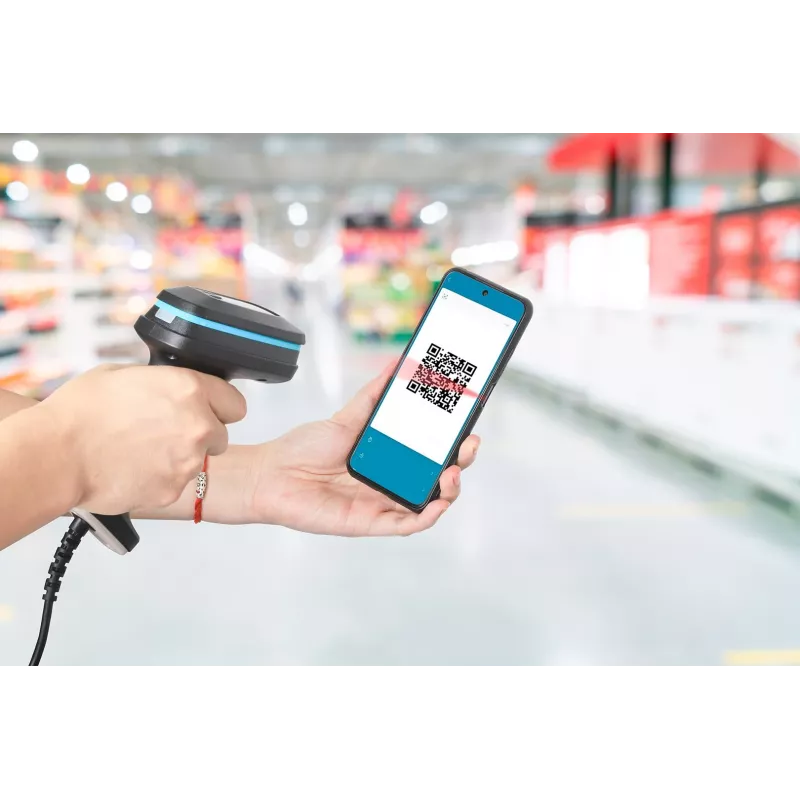Manhattan 2D Long Range LED Barcode Scanner, USB, 450mm Scan Depth, Max Ambient Light 100,000 lux (sunlight), Supports symbologies - 1D (x21 versions) and 2D (x10 versions), Scanner RJ45 to USB 1.8m cable (most popular type, which is USB-A), Black, 3 Year Warranty