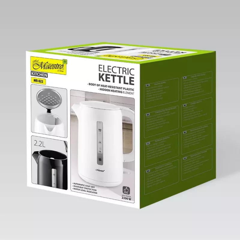 Electric kettle Maestro MR-022-WHITE, 2.2 L, 1850–2200 W, plastic housing, 360° base, anti-calc filter, water level indicator