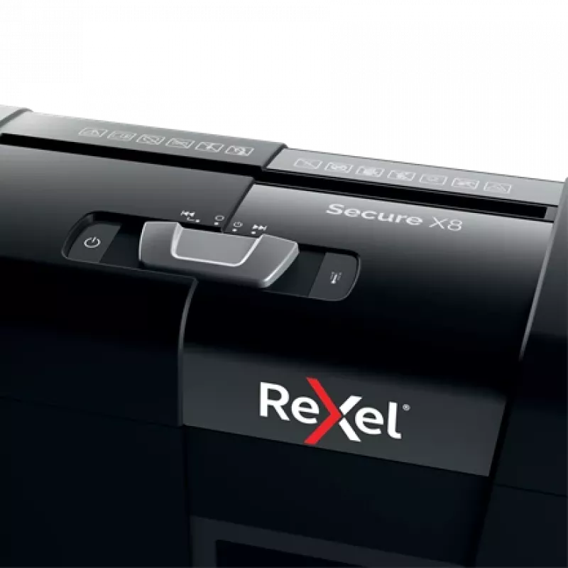 Paper shredder REXEL Secure X8 — cross-cut P-4, 4x40 mm, 8-sheet capacity, 14 L bin, black
