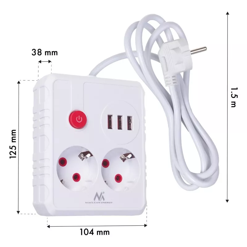 Power strip MACLEAN MCE387 W — 2 sockets, 3×USB A, 110–240V, 2500W, 1.5 m cable, white