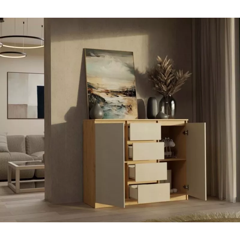 CHEST OF DRAWERS WITH 2 DOORS AND 4 DRAWERS, ARTISAN OAK/CASHMERE COLOUR
