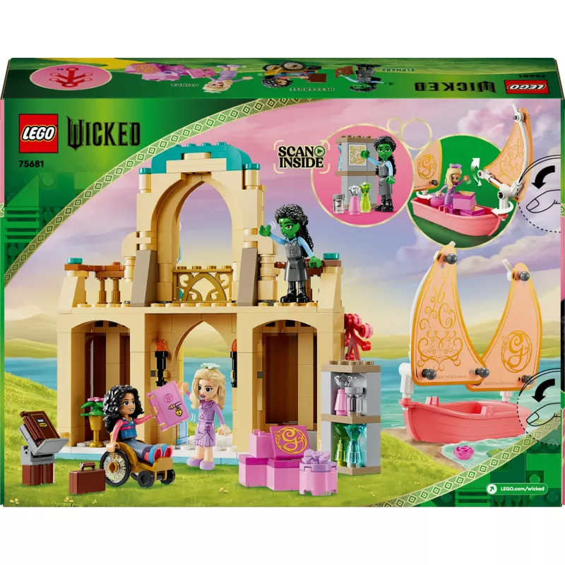 Construction toy LEGO set 75681 with Wicked, Glinda, Elphaba, Nessarose and Shiz University minifigures