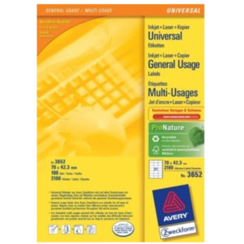 Avery - Labels - White - 42,3 X 70 Mm 2100 label(s) (100 Sheets X 21) (3652)