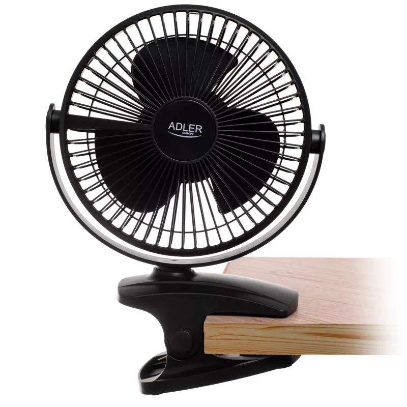 Adler Rechargeable Clip-on Desk Fan | AD 7342 | Table Fan | Black | Diameter 15.5 cm | Number of speeds 3 | Oscillation | 5 W