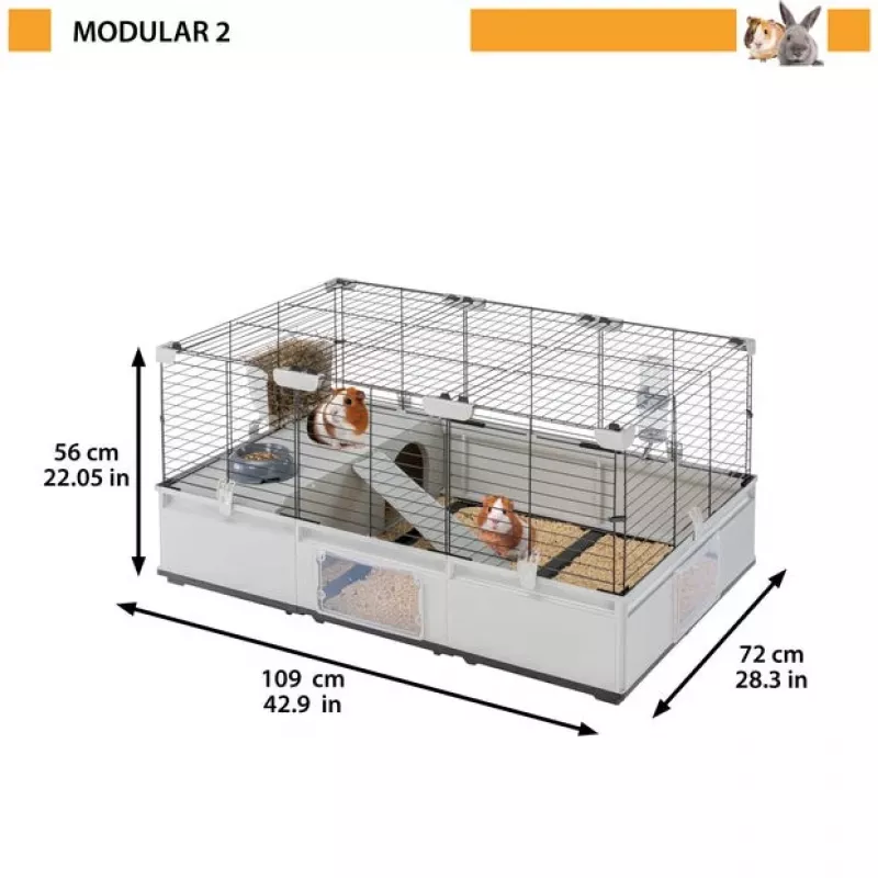 Cage FERPLAST Modular 2 for rabbit and guinea pig 109x72x56 cm, metal, grey, rod spacing 23 mm