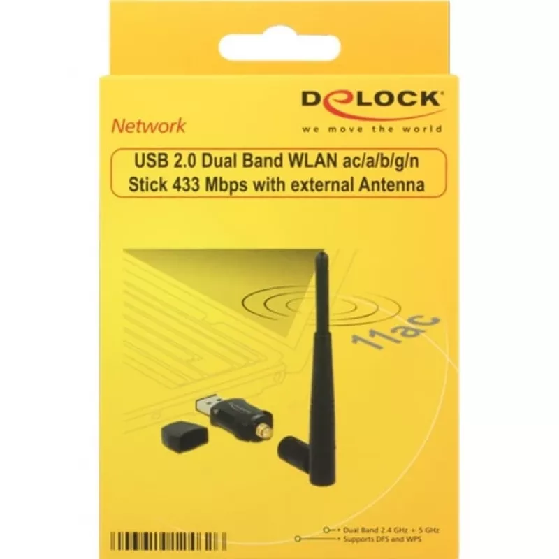 DeLock USB2.0 Dual Band WLAN ac/a/b/g/n Stick - Network Adapter - USB2.0 - 802,11b, 802,11a, 802,11g, 802,11n, 802,11ac - Black (12462)