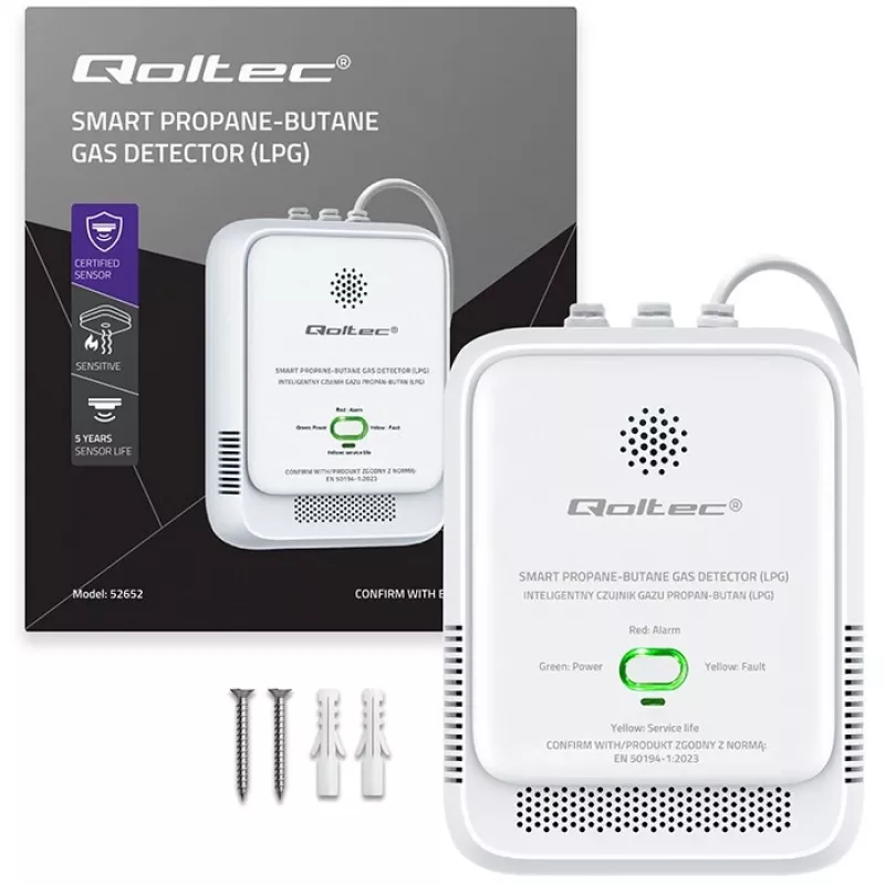 Gas leak sensor QOLTEC 52652 — propane/butane (LPG) detector, 85 dB alarm, LED indicator