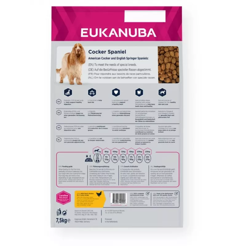 Dry Dog Food EUKANUBA Breed Specific Cocker Spaniel 7.5 kg — Chicken, Adult, Skin & Coat, Cardiac Support