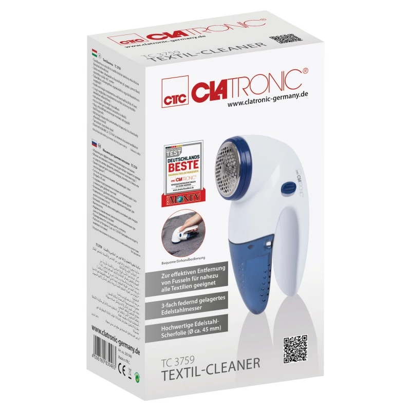 Fabric shaver CLATRONIC TC 3759 – battery 2×AA, stainless steel blade and foil Ø45 mm, blue/white