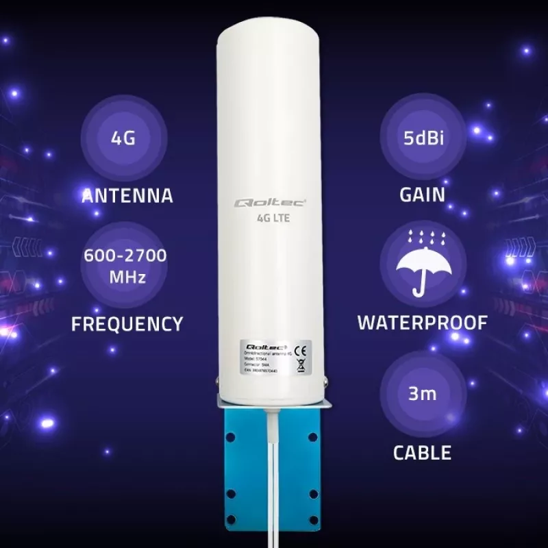 Outdoor omnidirectional 4G LTE antenna QOLTEC 57044, 5 dBi, 600–2700 MHz, 50 W, 50 Ω, white copper housing